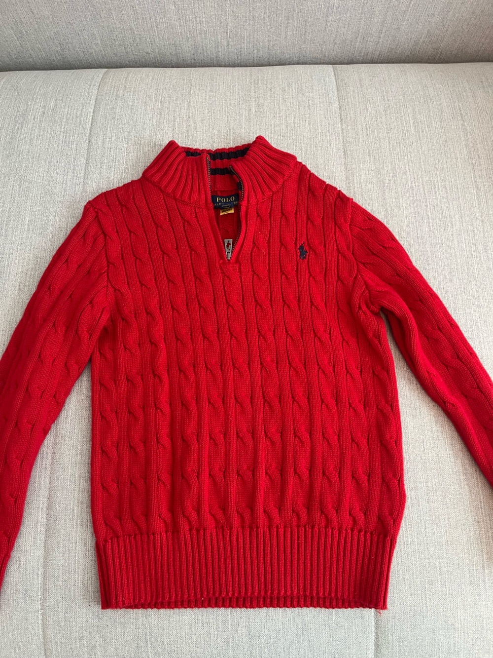 Boys size 7 - Polo by Ralph Lauren Red Cable-Knit Quarter-Zip Sweater